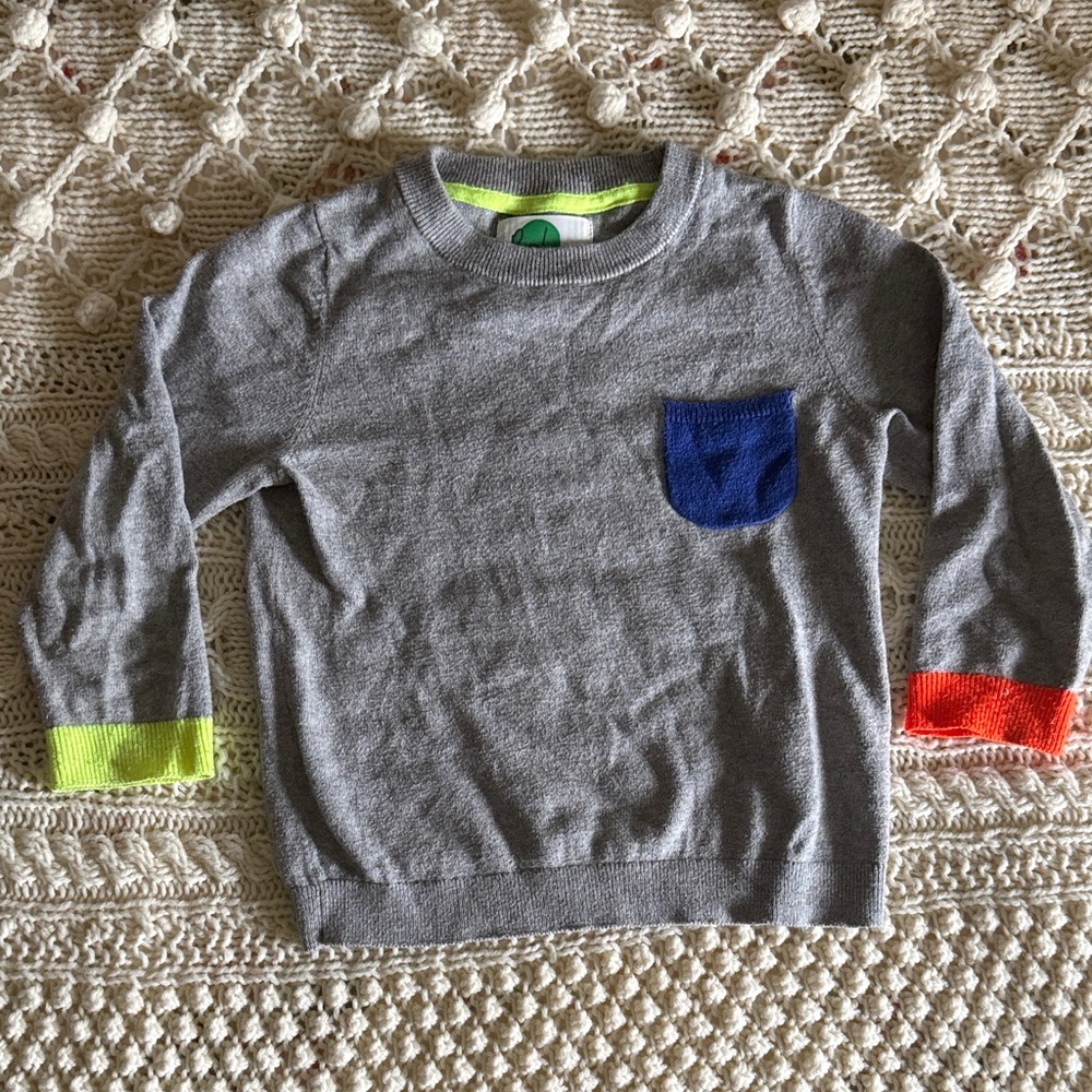 Mini Biden Kids Gray Sweater with Blue Pocket and Neon Trim